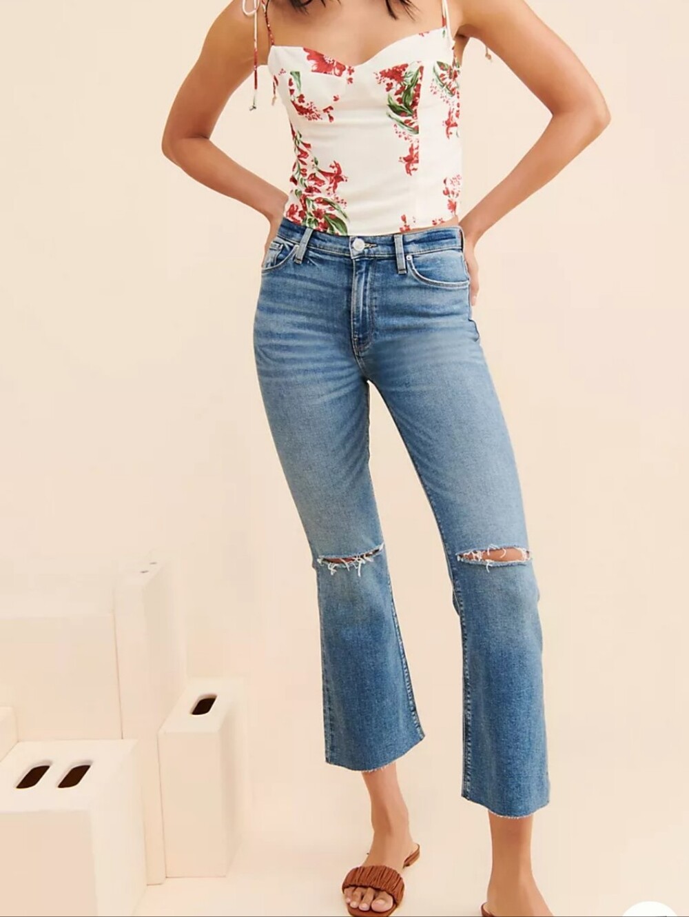 Hudson High-Rise Distressed Straight Crop Jeans - Light Blue